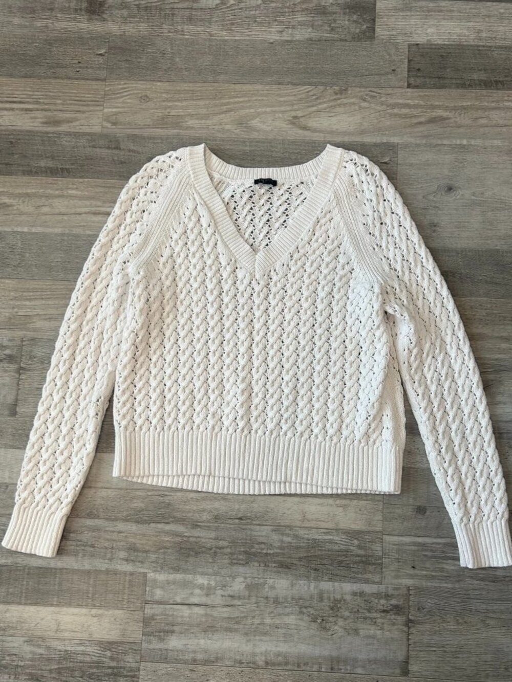 Talbots White Chain Weave V-Neck Long Sleeve Cotton Sweater Large Petite G40